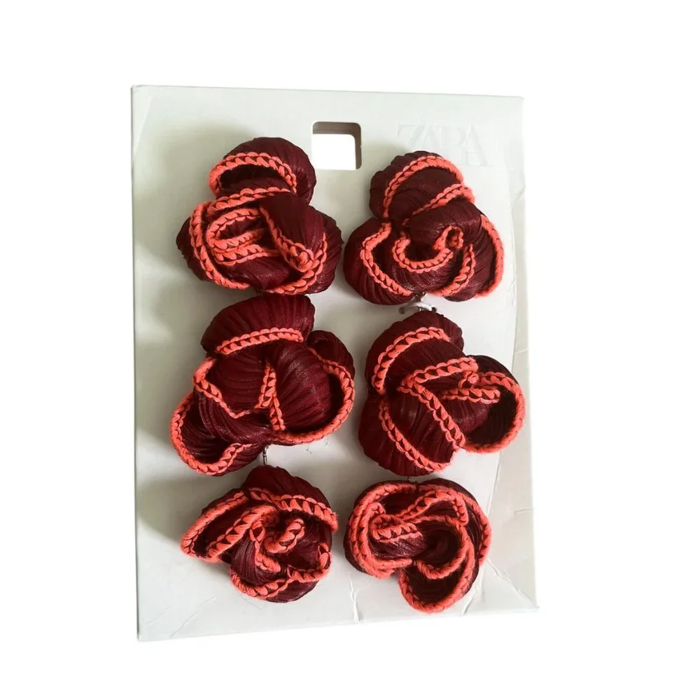 Zara Wine Red Floral Fabric Drop Earrings Triple Flower Statement Butterfly Back - Picture 2 of 7